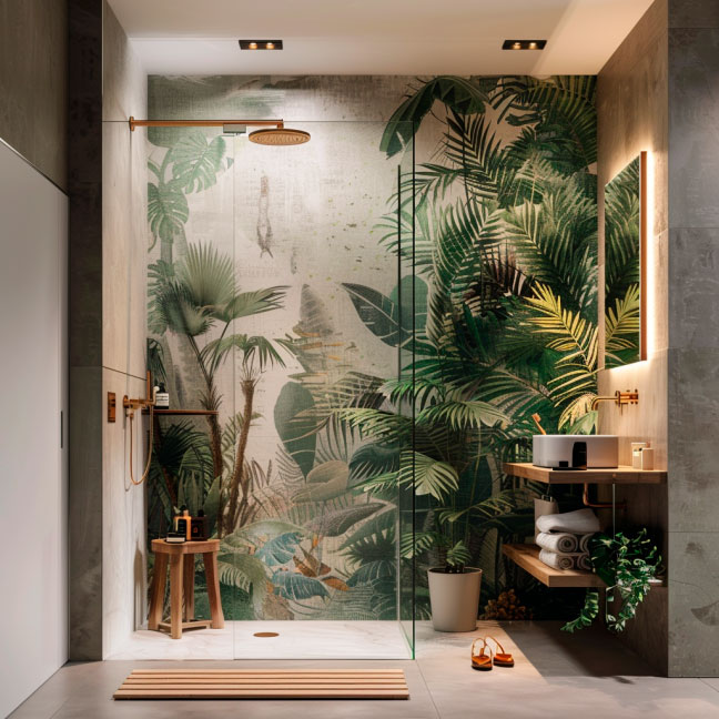 Modernes Badezimmer mit tropischer Duschwand und eleganter Beleuchtung Badezimmer mit tropischer Pflanzenmotiv-Duschwand, goldenen Armaturen und Holzregalen mit Handtüchern